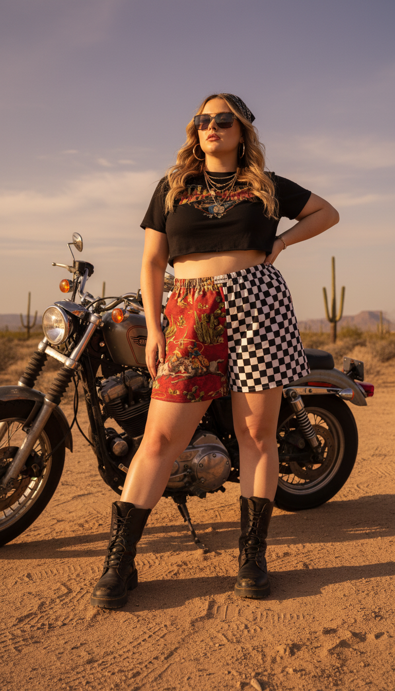 Woman posing in front of a motorcycle in a desert setting
